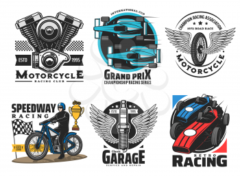 Speedway and motor racing sport club vector icons. Speedway and motor races championship, wheel and wings emblem. Drag race tournament, engine and spark plug, service and repair icons