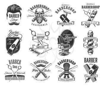 Barbershop, shave and hairdresser vector icons and symbols. Man haircut hipster labels. Barber shop hairdresser gentlemen head, beard and mustaches, shaving razor blade, scissors and barbershop pole