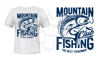 Salmon or trout fish print t-shirt mockup, fishing sport club. Vector. Fisher sport club big fish catch salmon on hook in ocean wave. Mountain river or lake fishing, hobby and leisure apparel print
