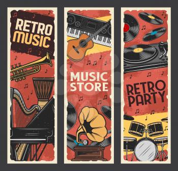 Music instruments retro banners, music store, live concert festival. Musical party instruments, vinyl record gramophone, classic piano and orchestra harp, saxophone, African jembe drums and trumpet