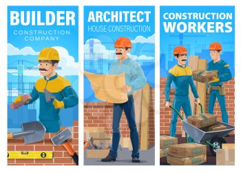 House construction builder and architect banner. Mason laying brick wall with trowel, architect or engineer reading blueprint on construction site, workers carrying cement bags with wheelbarrow vector