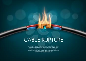 Cable rupture break, electric power wire sparks burn, vector disconnection. Electric cable wire broken or torn, power energy circuit, burning fire flame, connection break, technology background