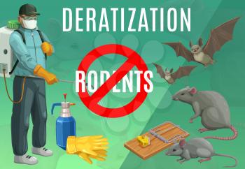 Deratization, rodent extermination service vector poster. Rats and bats pest control, domestic and office mice extermination, exterminator with press sprayer, mousetrap, sanitary deratization service