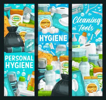 Hygiene, health and personal care, cleaning and bathing items, vector banner. Personal hygiene items, bathroom soap and cream, toothpaste and body shower gel, shampoo, shaving foam and toiletries