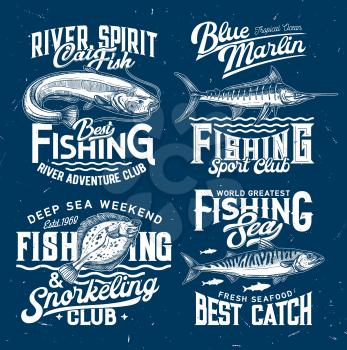 Fishing club icons, sport t-shirt print templates, fishes and sea water waves, vector blue mockups. Ocean snorkeling and fishing signs with marlin, flounder, mackerel and catfish for t shirt print