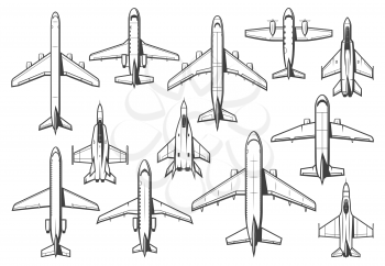 Modern civil and military aircraft set. Passenger airliner, business jet and cargo plane, army fighter or interceptor, bomber thin line vector. Commercial aviation and air forces combat airplanes