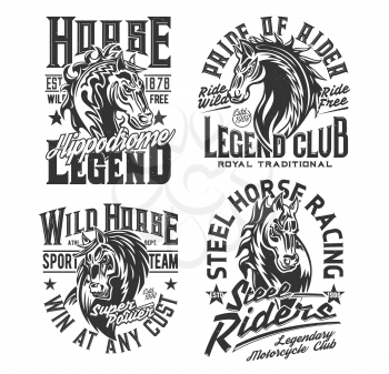 Horse racing t shirt prints, equestrian sport and motorcycle biker club vector icons. Royal equestrian hippodrome rides, motorcycle bikers club and polo team badges of heraldic horse for t-shirt print