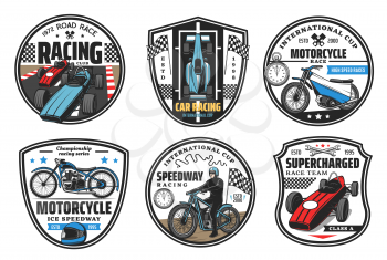 Racing sport icons, motocross and cars races club badges, championship vector icons. Speedway motorcycle racing and motor sport cars rally international cup tournament, wheels and finish flag