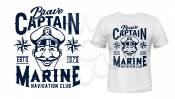 Marine captain t-shirt vector print. Brave captain wearing forage cap with anchor on badge, wind rose illustration and typography. Marine sailing, navigation club apparel custom design print mockup