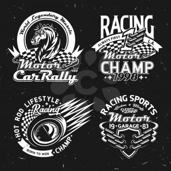 Car rally, racing and motorsport championship vector icons and t-shirt prints. Muscle cars race symbols with checkered flag, mustang horse and speedometer, vehicle wheel and champion stars