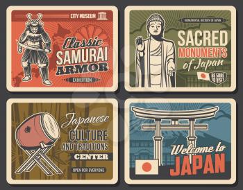 Japanese culture and traditions, Japan travel landmarks, vector vintage posters. Samurai armor and museum, Japanese music instruments exhibitions museum, Buddhism monuments and pagodas