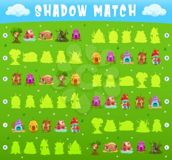 Shadow match game, cartoon fairy houses and dwellings, vector kids tabletop game. Match correct silhouette, board game for kids with elf and dwarf homes of acorn, flower, seashell and mushroom