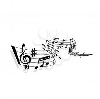 Music wave of vector sheet music with musical notes, swirling staff, treble clef, bar lines and sharp symbol with shadow. Musical notation marks of melody, song and sound composition design