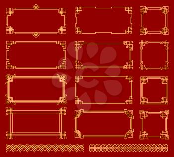 Asian knot frames and borders, Korean, Chinese and Japanese knot patterns, vector. Chinese golden knot frames, dividers and boarders on red background, asian oriental line pattern embellishment