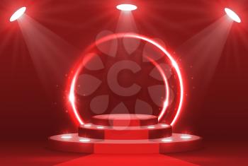 3d podium on stage with ramp lights. Theatre, nightclub or circus red stage realistic vector background, round pedestal backdrop with neon lights in stairs, shining circle and spotlights beams