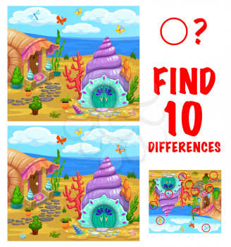 Find ten differences kids game with cartoon fantasy vector seashell houses on the seaside. Kindergarten children educational riddle with cartoon fairy shell dwelling. Child playing activity or puzzle