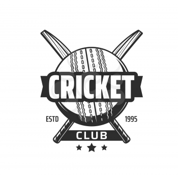 Cricket sport club vector icon with cricket ball and crossed bats. Batsman player equipment isolated symbol of cricket game team emblem, championship league match or sporting competition design