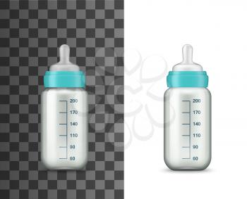 Baby feeding milk bottle, vector realistic 3D mockup template. Newborn baby care, milk feeding bottle with child nutrition liquid, pacifier, blue color cap and volume measure scale