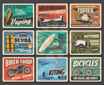 Active sport and summer leisure, entertainment vector retro posters. Scuba diving school, water kiting and ocean surfing club, travel bicycles and biker shop, hoverboard and vaping e-cigarettes