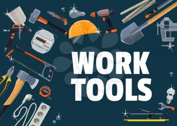 Construction, repair and DIY work tools vector. Paint sprayer and sledgehammer, helmet, power screwdriver and tile cutter, energy meter, hacksaw and shovel. Repair and renovation works tools banner