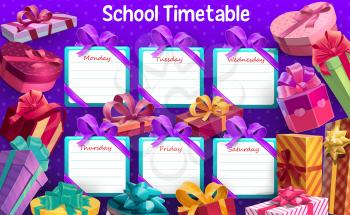 School timetable with gift boxes and ribbons vector template. Timetable with lessons weekly plan, schedule with various shape giftboxes, wrapped presents, decorated with bows and colorful ribbons