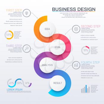 Business infographic with round elements and info steps, vector chart and graph. Infodata visualization diagrams and statistics flowchart information. Business infographics, data presentation design