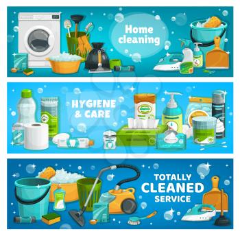 Housework utensils and laundry tools. Vector house cleaning supplies washing machine, basin with foam and toilet plunger. Wash detergent package, vacuum cleaner, gloves and brush, cartoon banners