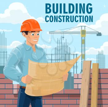 Building construction engineer, architect or contractor. Engineer in safety helmet looking on blueprint, architect studying building drawings and construction company contractor reading plan vector