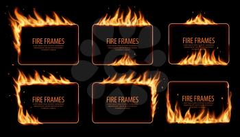Rectangular fire frames, vector burning borders. Realistic burn flame tongues with flying particles and embers on rectangular frame edges. 3d flare. Burned holes in fire, isolated blazing borders set