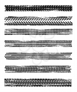 Tire prints, car tyre tracks isolated grunge vector marks. Bike race, vehicle, transportation dirty wheels trace. Abstract monochrome pattern, graphic texture, automobile or motorbike offroad print