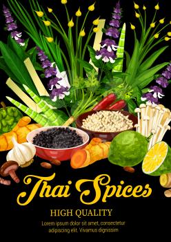 Thai spices, herbs, food condiments and seasonings. Asian cuisine kaffir, lemongrass, chili and ginger, lime, galangal, basil and coriander, garlic, pepper, bamboo shoots, shiitake and enoki mushrooms