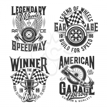 Racing sport, motocross speedway t-shirt prints for cars races and rally, vector icons. Racing championship and motorcycle speedway cup, wheels on fire and finish victory flag with engine pistons