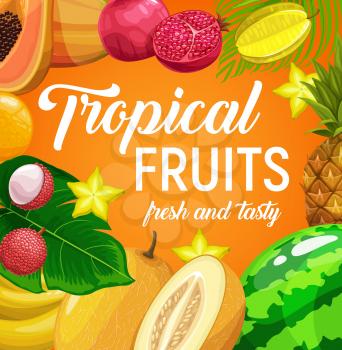 Tropical fruits vector pineapple, lychee, orange and carambola, banana, melon watermelon and pomegranate. Exotic tropic natural fresh orchard farm production. Cartoon poster with fruit and palm leaves