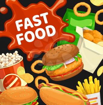 Fast food vector burgers and combo snacks. Hamburger with lettuce and vegetables, french fries, nuggets and pop corn, onion rings, hot dog and chips. Street food meals cartoon poster with ketchup spot