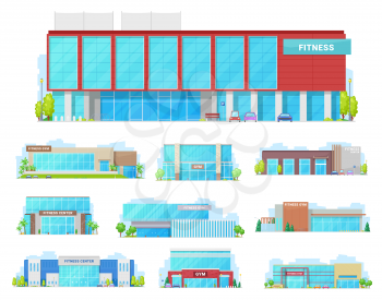 GYM, sport club and fitness center building isolated vector icons. Front view of cartoon houses with modern facades, glass front doors and showcase windows, street, trees and car parking lots