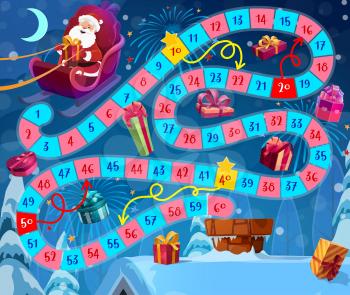 Kids Christmas board game with Santa Claus and gifts. Santa flying in sleigh, delivering and dropping presents in house chimney cartoon vector. Children roll and move game with winding path or way
