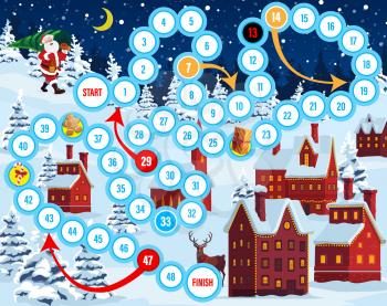 Christmas eve kids board game with Santa, deer and old towns streets. Santa with Christmas tree, brick houses cowered snow and reindeer cartoon vector. Roll and move child holiday boardgame template