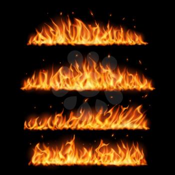 Fire flames on black background realistic vector design. Burning fire with hot red flames and sparks, glowing line borders of campfire, bonfire or fireplace, bright flares of wildfire blaze
