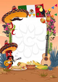Viva Mexico or Cinco de Mayo Mexican holiday vector blank signboard. Fiesta food, sombrero hat, chilli pepper character and maracas, Mexico flag, cactuses, burritos and guacamole, greeting card design