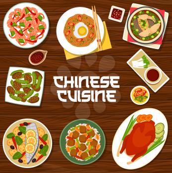 Chinese cuisine vector menu cover pork liver and green beans reba nira. Steamed mackerel fish with ginger, peking duck, kung pao shrimps and fried noodles with egg, tofu fried rice with peanuts meals