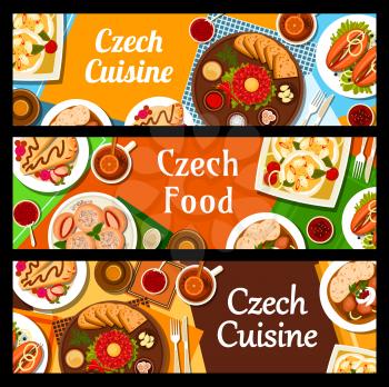 Czech cuisine banners. Pickled sausage Utopenci, steak Tartare with sauces and toasts and fruit pie Kolache, pork stew goulash with bread dumplings, sweet dumplings Knedlikyand fried flatbread Langos