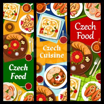 Czech cuisine banners. Steak Tartare with sauces and toasts, fruit pie Kolache and fried flatbread Langos, pork stew goulash with bread dumplings, sweet dumplings Knedlikyand pickled sausage Utopenci