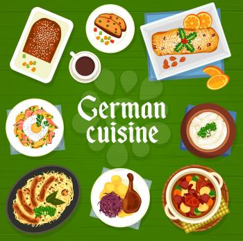 German cuisine menu cover design template. Sausages Weisswurst, fried cheese potato and sauerkraut with pork, goose with potato, bread with fruits and beef goulash with bell peppers, Christmas Stollen
