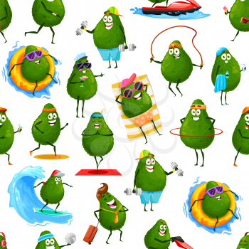Avocado cartoon characters seamless pattern, vector background. Kids pattern with avocado fruit on summer vacations and sport, traveling to beach, sea surfing and training in gym or in yoga mediation