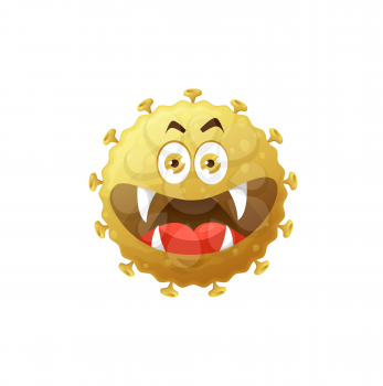 Cartoon virus covid cell vector icon, funny bacteria or germ character with huge smiling mouth and sharp fangs. Pathogen microbe monster with big eyes, isolated coronavirus cell with long teeth