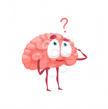 Puzzled funny brain thinking standing under question mark isolated flat cartoon character. Vector questioned mind emoticon searching answer or problem solution, funny mental thinker, comic genius