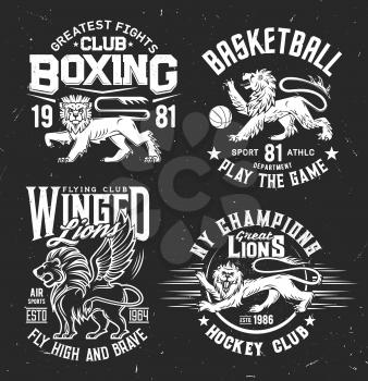 Tshirt prints with lions in heraldic style, vector mascots for sports team uniform apparel design. Labels for hockey, boxing, basketball club. Monochrome t shirt prints, emblem with typography set