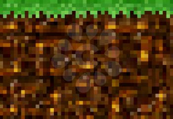 Cubic pixel game golden ore, grass and ground blocks, vector background pattern. Coal mine for 8bit pixel art, underground gold and green grass, 8 bit computer game level of play interface