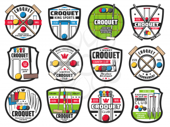 Croquet sport championship and sport club vector icons. Croquet game equipment playing ball and sticks or bats, goal pegs, flag and wicket, croquet club tournament and league championship game emblems