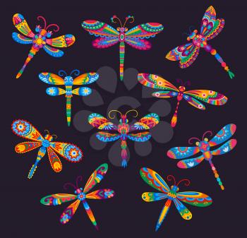 Mexican cartoon bright dragonflies with ethnic floral ornaments. Vector insects on black background with wings and bodies, decorated by colorful flowers and geometric motif, Mexico festive